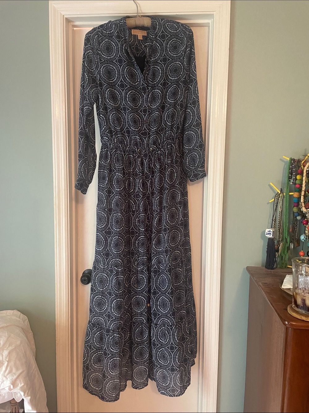 Michael Kors Navy and White Printed Long Sleeve Maxi Dress